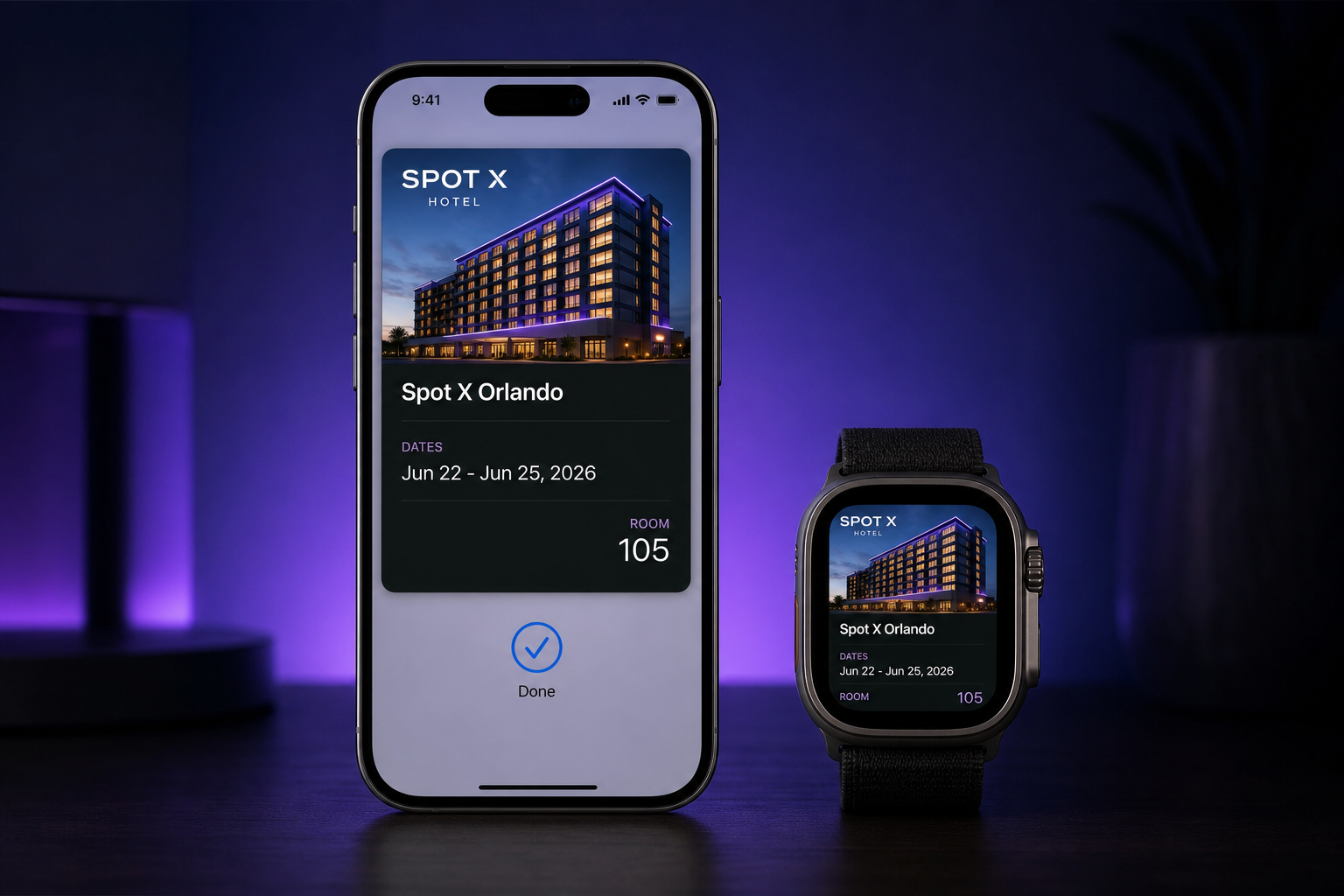 iPhone and Apple Watch showing a branded digital hotel key card