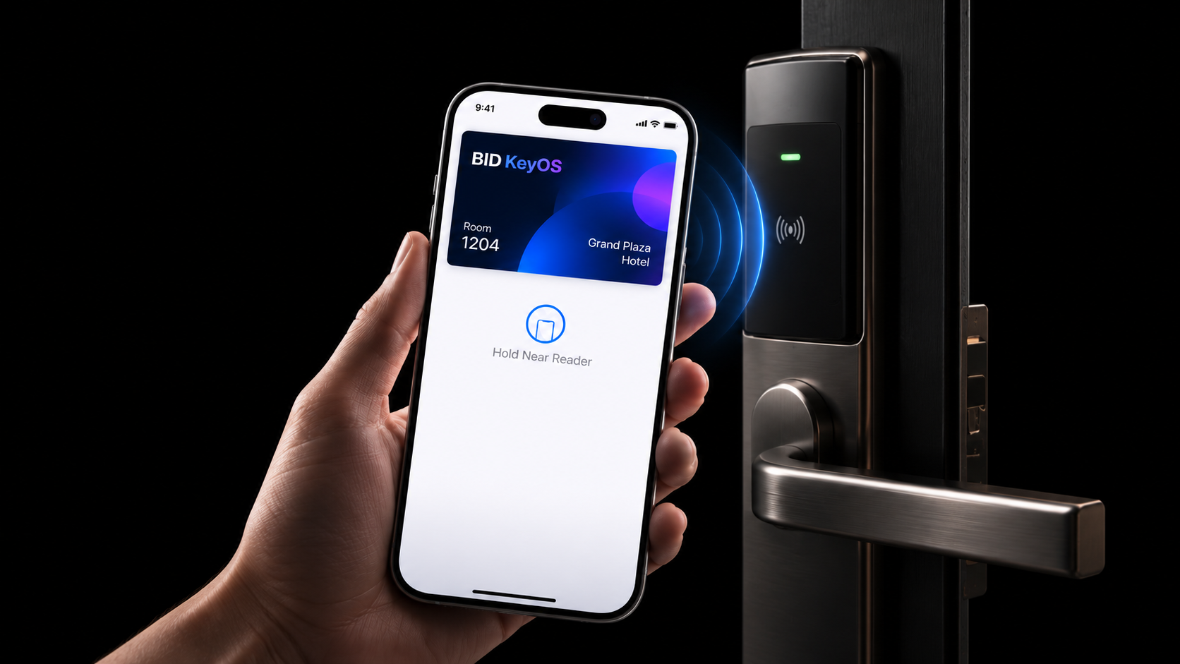 Guest unlocking a hotel room by holding up an iPhone with a BID Key OS wallet key next to the door reader